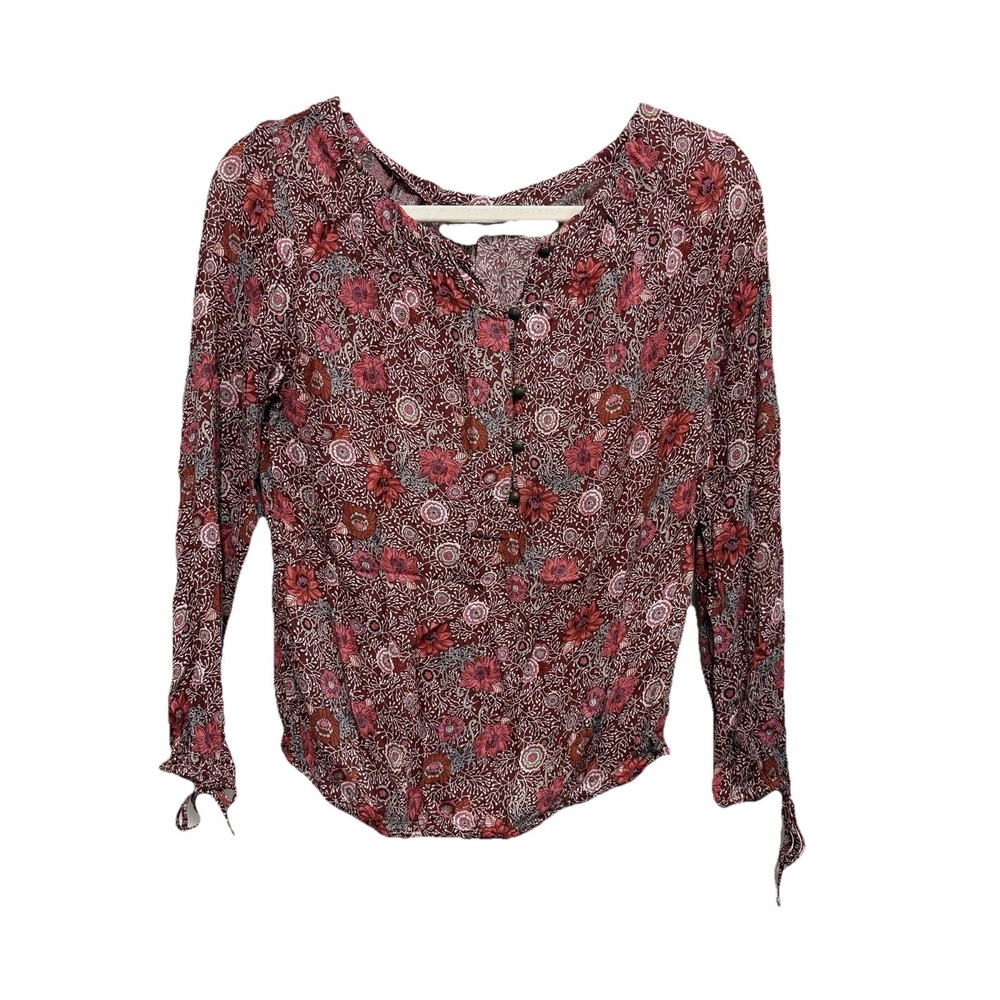 Lucky Brand Blouse Women's S Pink Floral Balloon Tie Sleeves Boho Fairy Y2K